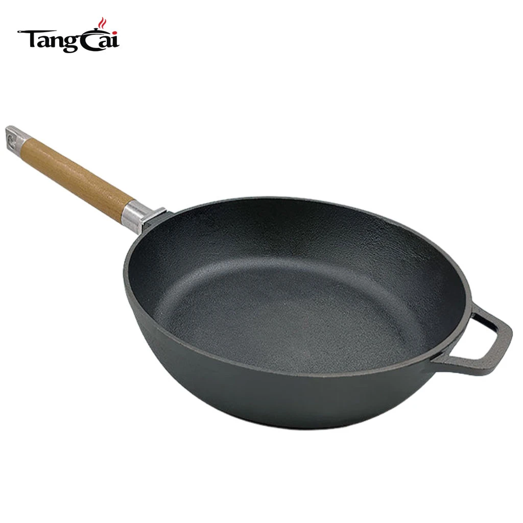 야외 휴대용 바베큐 그릴 팬 나무 이동식 손잡이가있는 미리 양념 된 주철 프라이팬