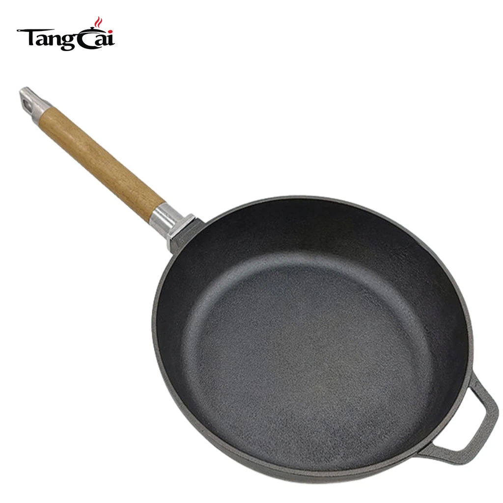 야외 휴대용 바베큐 그릴 팬 나무 이동식 손잡이가있는 미리 양념 된 주철 프라이팬