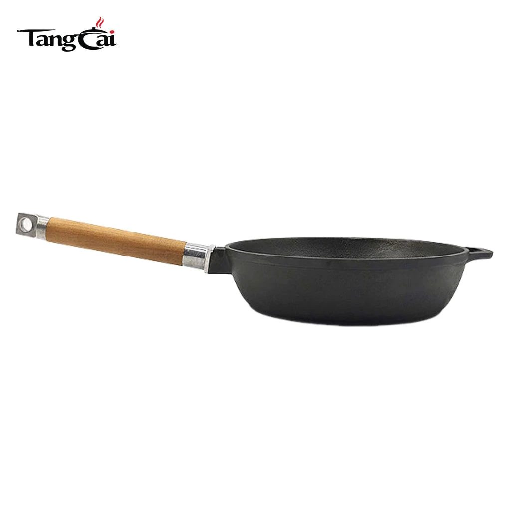 야외 휴대용 바베큐 그릴 팬 나무 이동식 손잡이가있는 미리 양념 된 주철 프라이팬